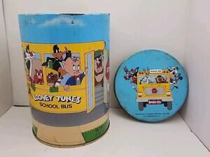 Vintage Brachs Looney Tunes School Bus Metal Tin Can w Lid 1990 Warner‎ Bros Inc
